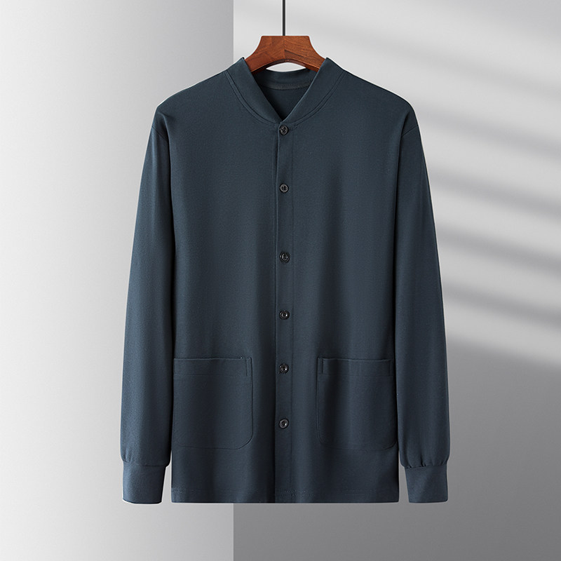 纯棉秋装中老年开衫厚棉T男薄款老人长袖T恤男开襟外套爷爷爸爸装