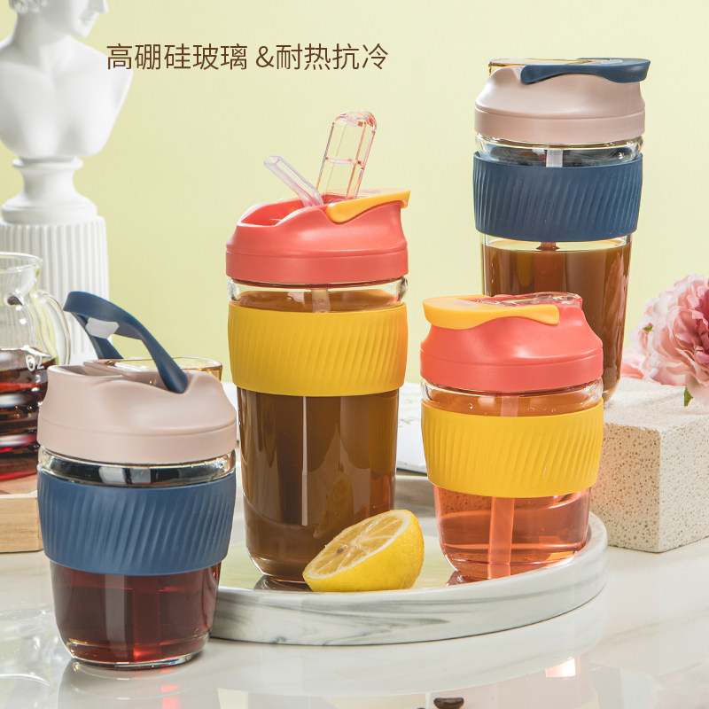 玻璃水杯子女夏带吸管盖便携可爱泡茶随行大容量咖啡奶茶网红双饮