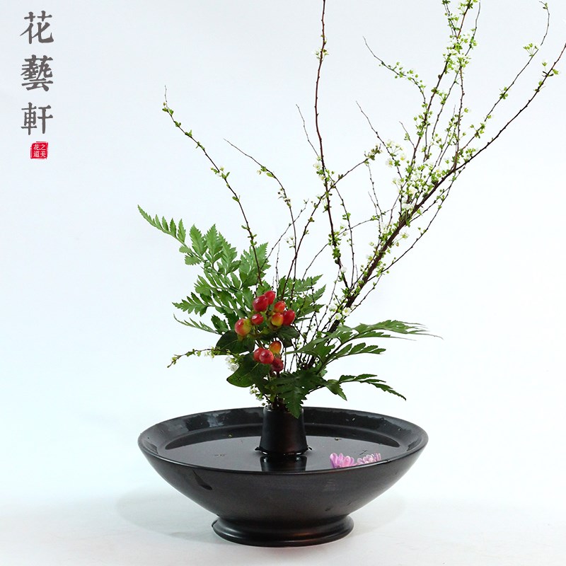 创意中式禅意黑色陶瓷花盆免剑山插花器花道客厅茶几摆件花器花盘