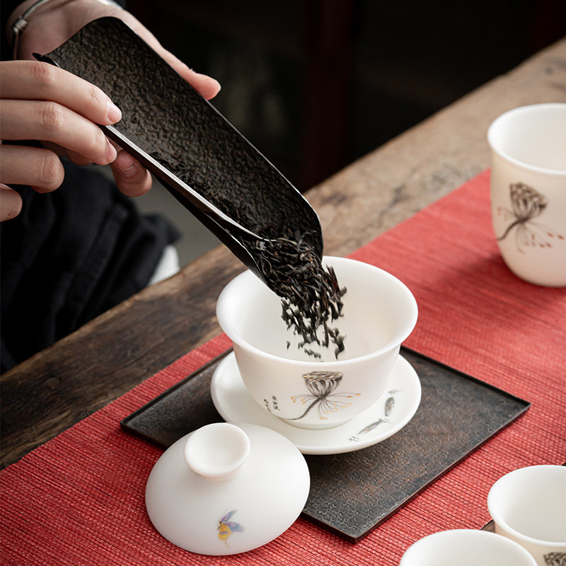 唐舍 不染白瓷羊脂玉瓷茶具描金套装功夫盖碗茶杯办公室陶瓷家用