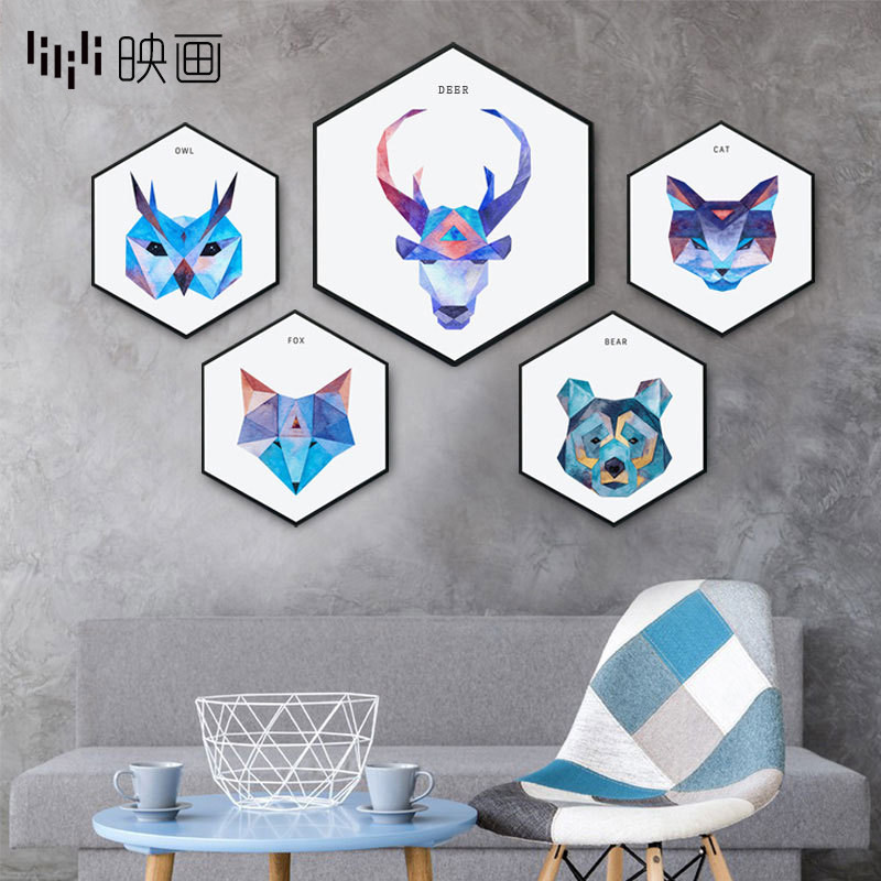 沙发壁画玄关挂画床头背景墙装饰画卧室狼头北欧风格六边形动物画