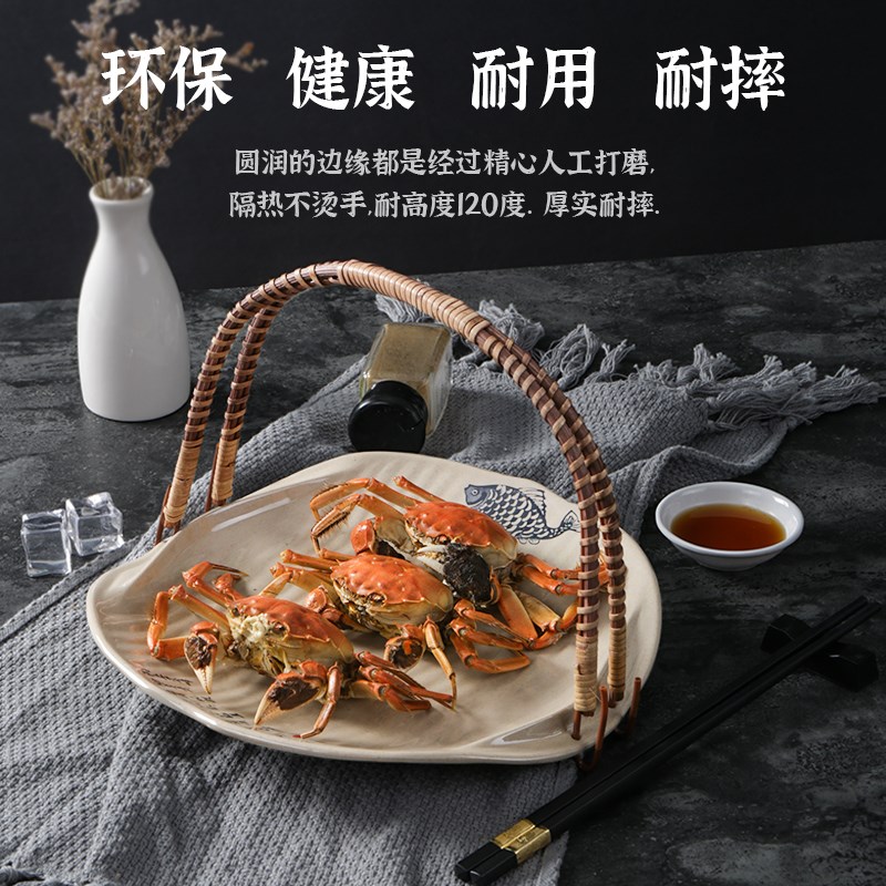 祥源美密胺餐具饭店菜盘创意仿瓷塑料盘手提盘子复古提篮吊盘商用