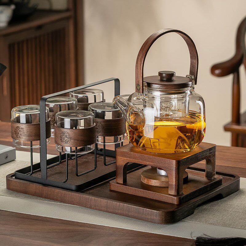 中式玻璃花茶壶茶杯套装煮水果茶下午茶具蜡烛加热养生壶泡煮茶器