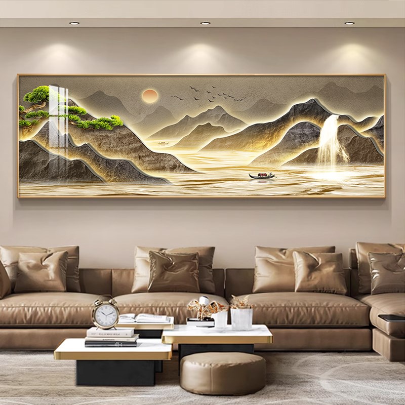 轻奢客厅沙发背景墙上装饰画东墙山水LED灯光挂画大白墙带灯壁画