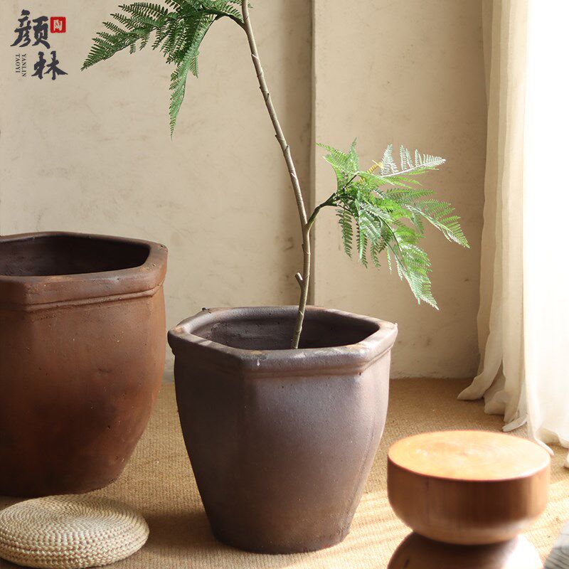 方口六边形花盆复古粗陶大陶盆花园景观庭院绿植盆田园种树大盆