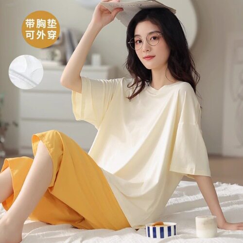 带胸垫女士生夏季家居服套装舒适休闲居家户外纯棉睡衣透气可爱风