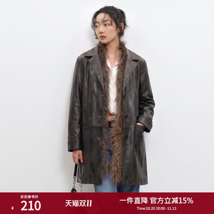 西町村屋毛领可拆卸擦色皮衣女秋季新款宽松中长款外套XA9C10167