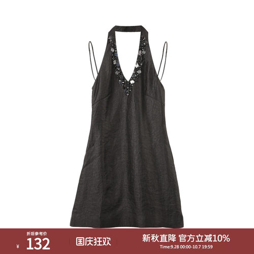 西町村屋重工钉珠挂脖连衣裙夏季新款气质无袖短款裙子AA9502015
