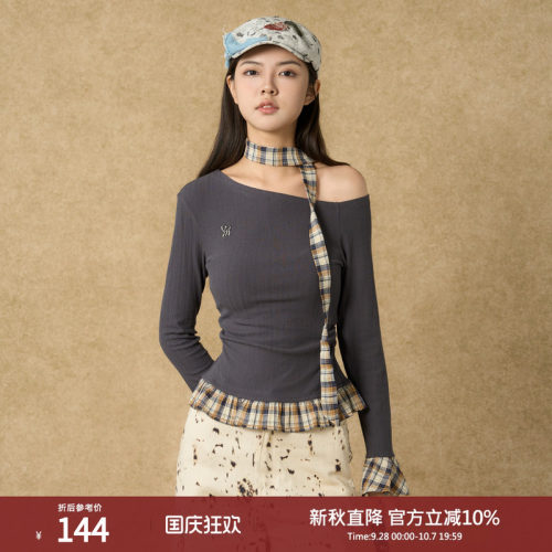西町村屋学院风上衣女装2025秋季新款格纹拼接斜肩小衫XAAC10264