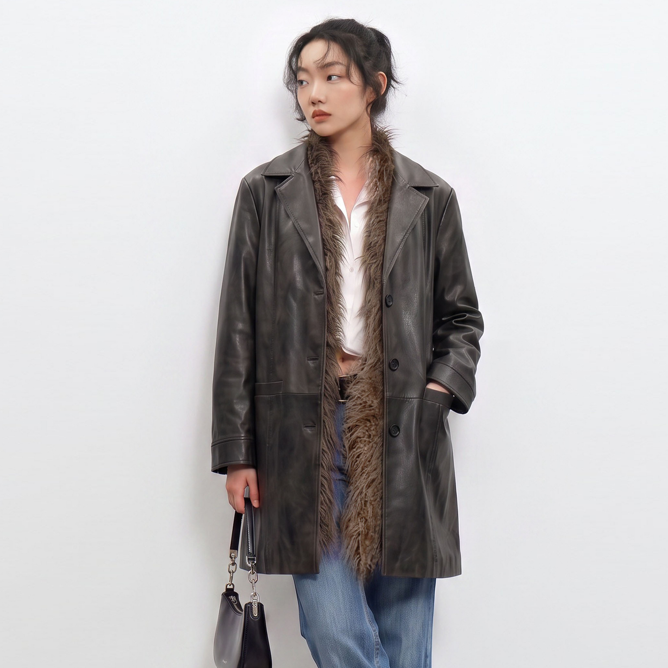 西町村屋毛领可拆卸擦色皮衣女秋季新款宽松中长款外套XA9C10167
