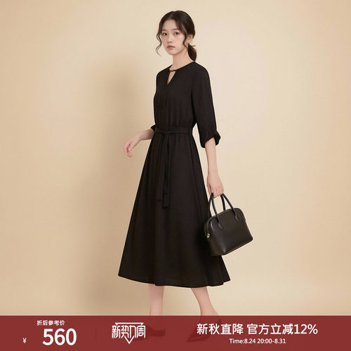 西町村屋中式连衣裙女装春季新款盘扣桑蚕丝裙子含腰带HA9502006