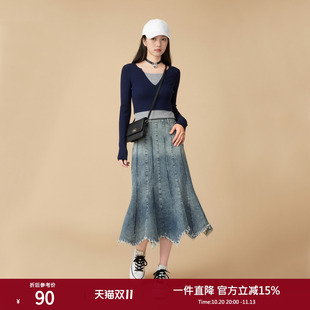 西町村屋简约假两件针织衫女春装新款修身撞色短款上衣AA9112009