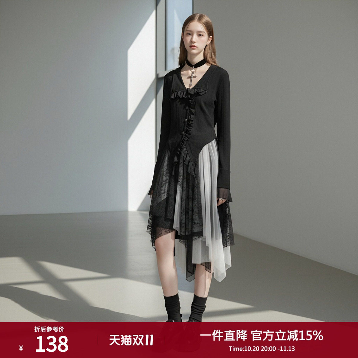西町村屋法式衬衫女春季新款设计感拼接不规则飘带衬衣AA9101010