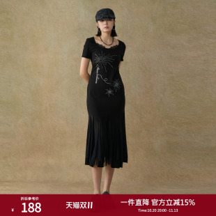 西町村屋复古感连衣裙女夏季新款烟花烫钻蕾丝拼接裙子XAAB10180