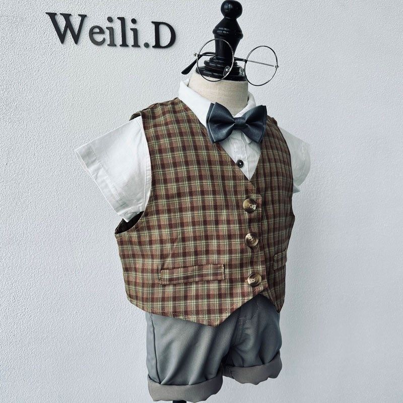 夏季男童英伦风套装礼服 男宝宝小西装马甲背带短裤薄款短袖套装