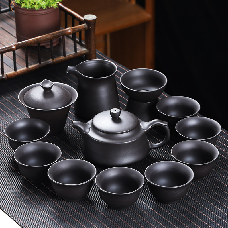 黑泥紫砂功夫茶具套装原矿家用整套泡茶器黑色中式高档礼盒送礼用