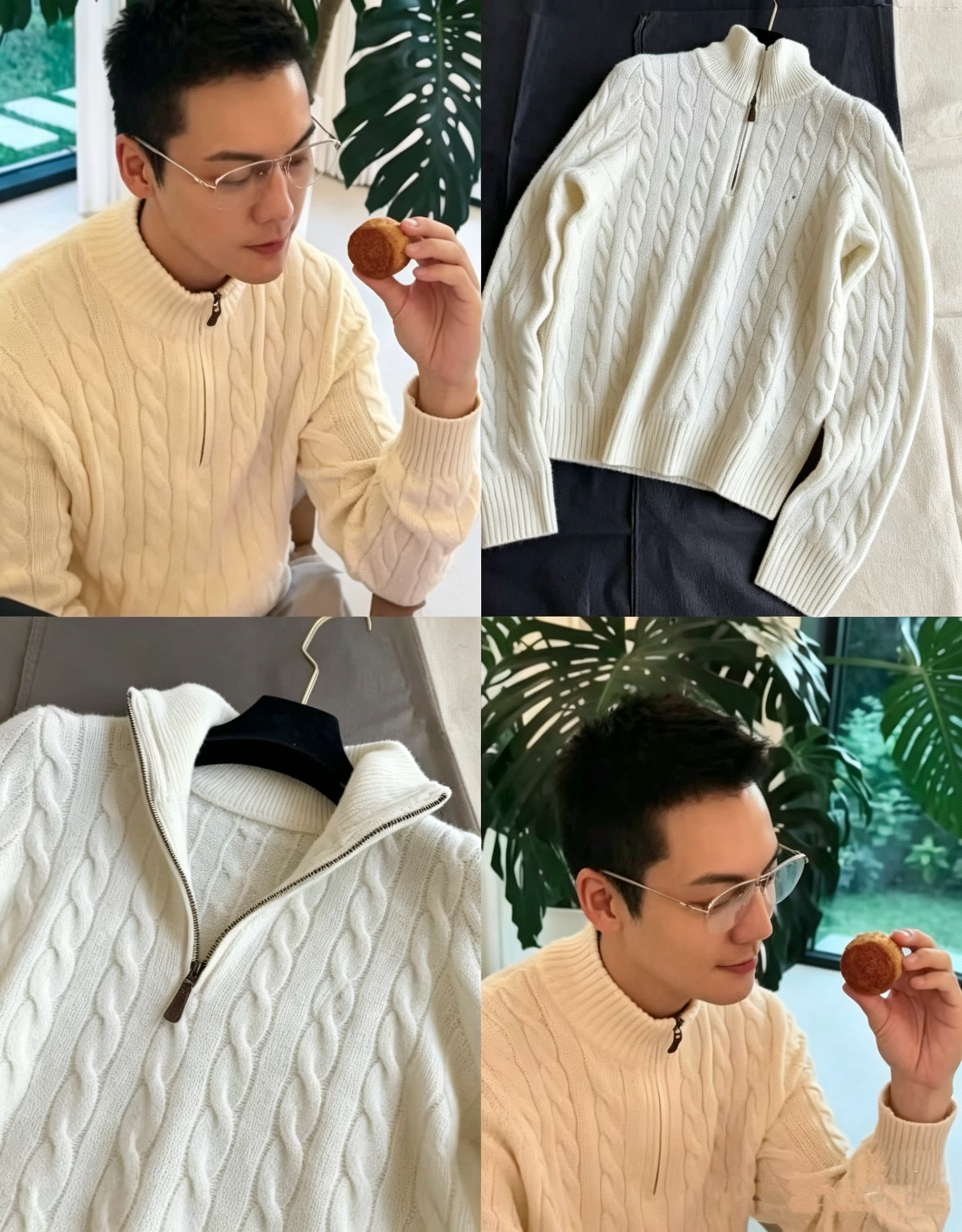 陈伟霆同款老钱风90%羊毛半拉链小马套头衫男女同款刺绣绞花毛衣