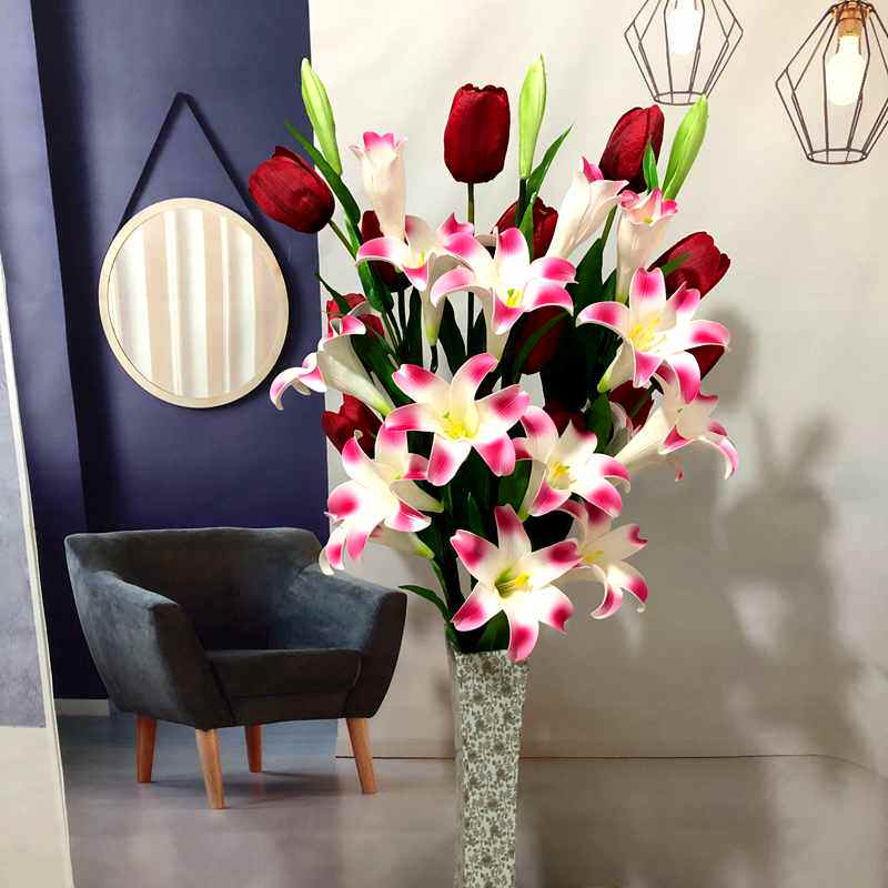 仿真百合郁金香绢花假花塑料花客厅落地电视柜摆设插花艺套装摆件