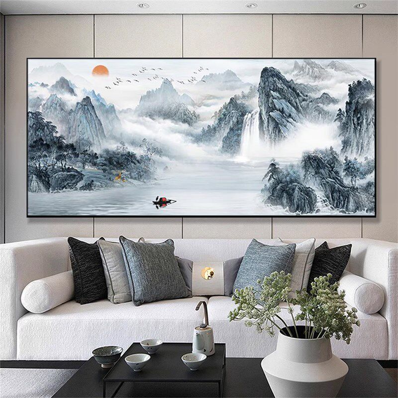 客厅装饰画沙发背景墙挂画山水画流水生财风景画靠山图办公室壁画