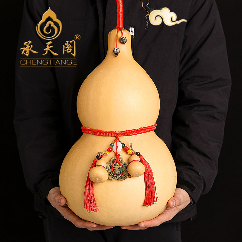 高档天然葫芦摆件五帝铜钱摆件办公家居玄关大气招財纳福真品葫芦