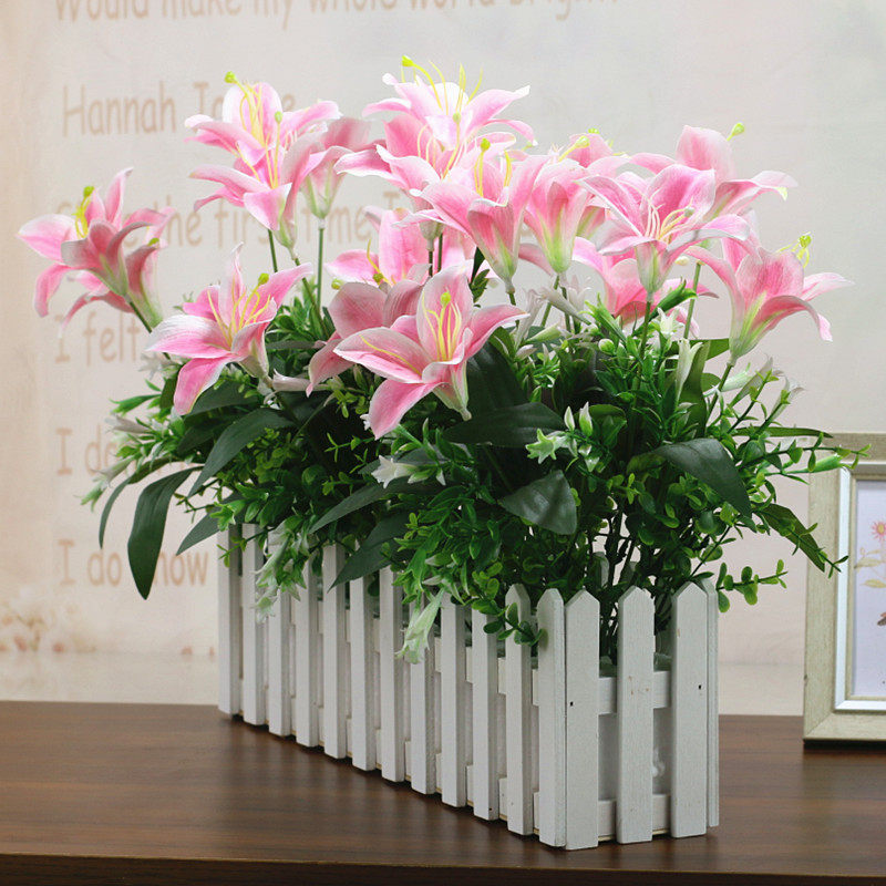 百合花木栅栏花假花仿真花套装植物装饰墙角隔断摆件客厅摆设插花