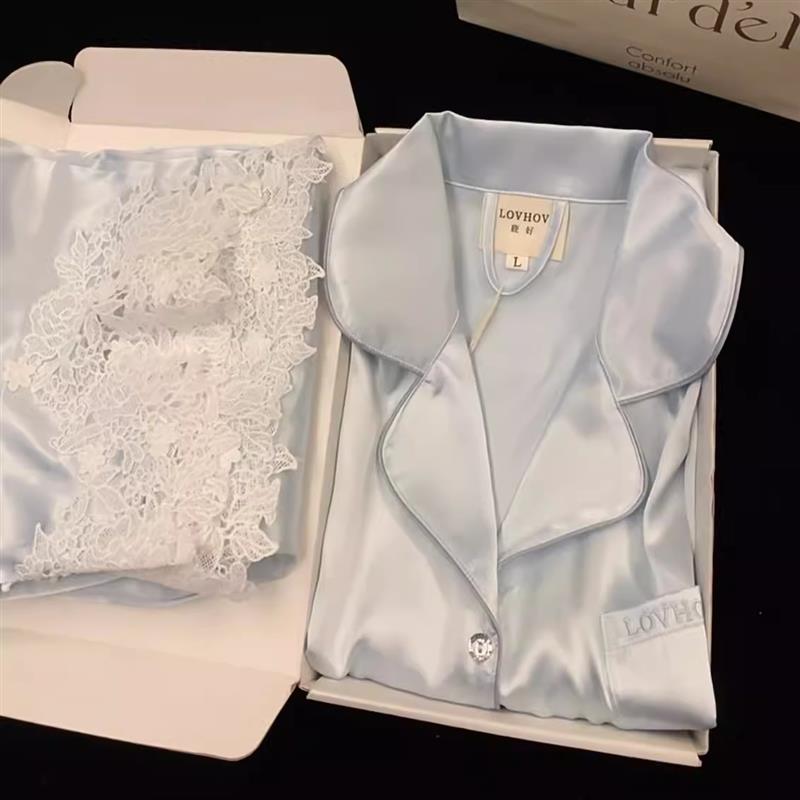 春秋水溶花蕾丝边真丝睡衣女长袖高级感送闺蜜礼盒冰丝家居服套装