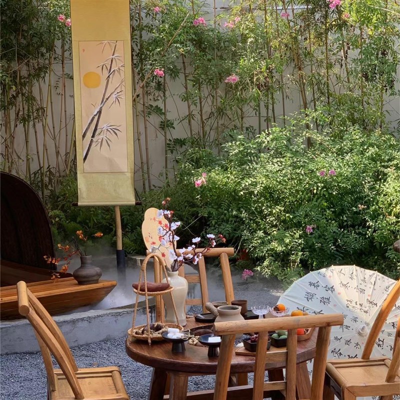 老榆木围炉煮茶桌室内中式家用冬日桌子烤火炉套装庭院烧烤桌椅