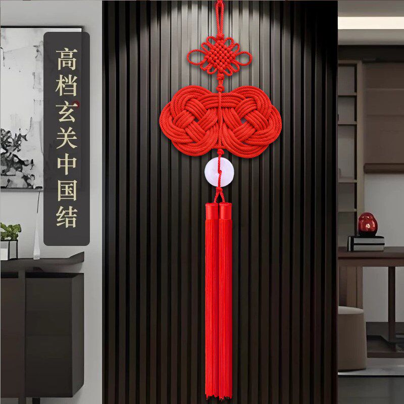 高档中国结挂件客厅大号玄关背景墙新中式装饰新款玉石桃木双钱结