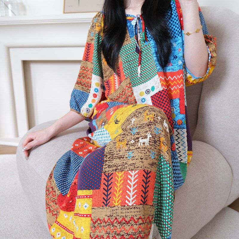 2025新款新中式国风棉稠睡裙女春夏季薄款家居服连衣裙棉绸裙夏天