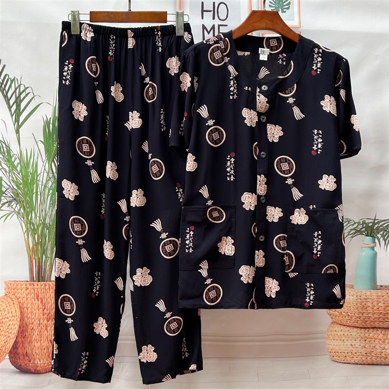 中老年棉绸睡衣套装男夏季薄款爸爸短袖家居服老人绵绸空调服套装