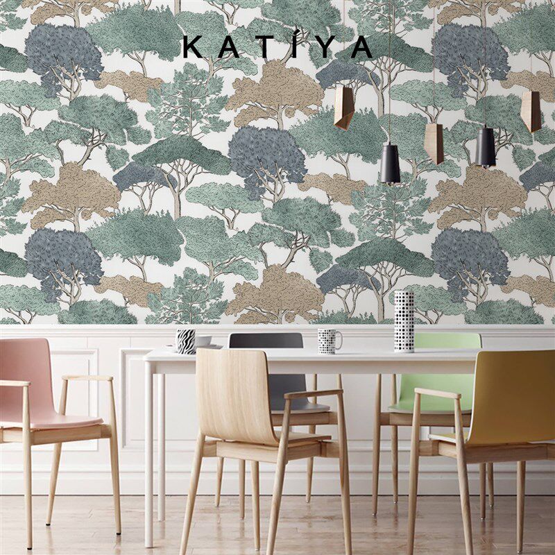 Katiya2025新款儿童房墙布壁纸卧室电视背景墙壁纸手绘树定制壁画