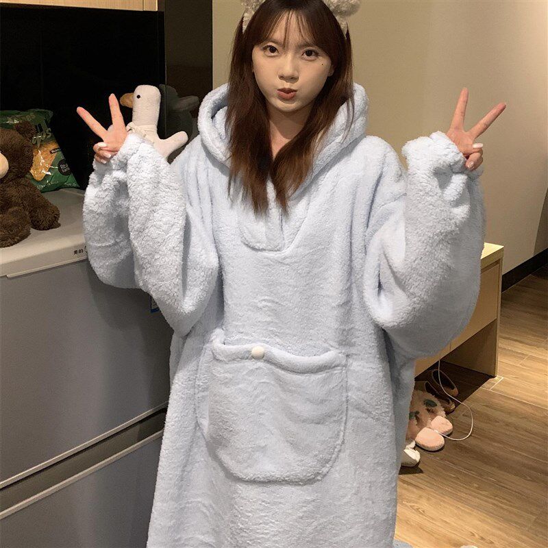韩版可爱珊瑚绒睡袍女秋冬2024新款加绒加厚睡衣家居服睡裙可外穿
