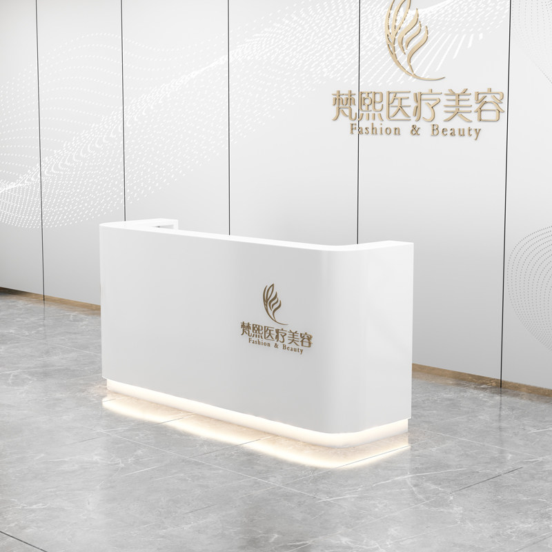 烤漆白色服装店前台接待台美容院弧形吧台简约现代带灯收银台柜台