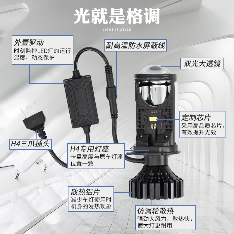 摩托车LED大灯带透镜带切线12V改装超亮内置车灯灯泡H4远近光一体