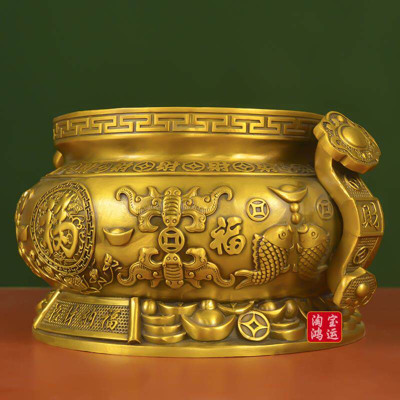 特大号铜香炉摆件财福大圆底吉祥如意八福熏香炉插香室内供奉铜炉
