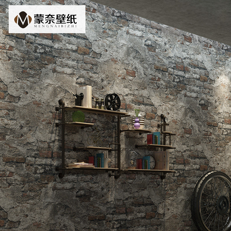 仿古砖砖块砖头仿砖复古水泥灰色砖纹墙纸仿古工业风饭店壁纸做旧