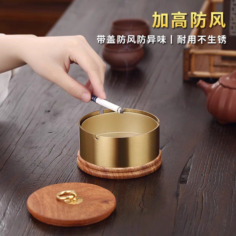 花梨实木烟灰缸带盖中式黄铜烟灰缸防飞创意高档办公室礼品小摆件