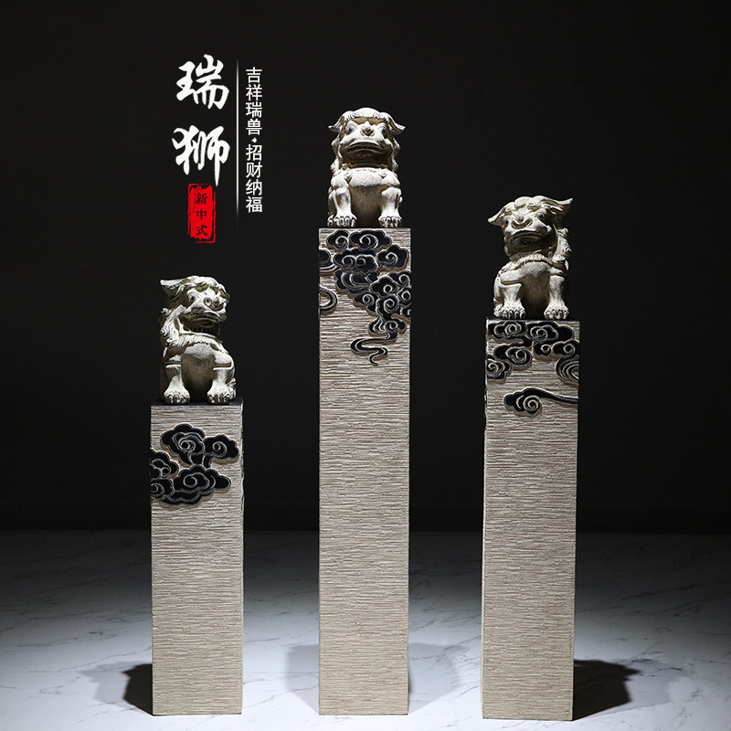 新中式仿石仿古栓马柱酒店会所玄关落地招财镇宅狮子貔貅麒麟摆件