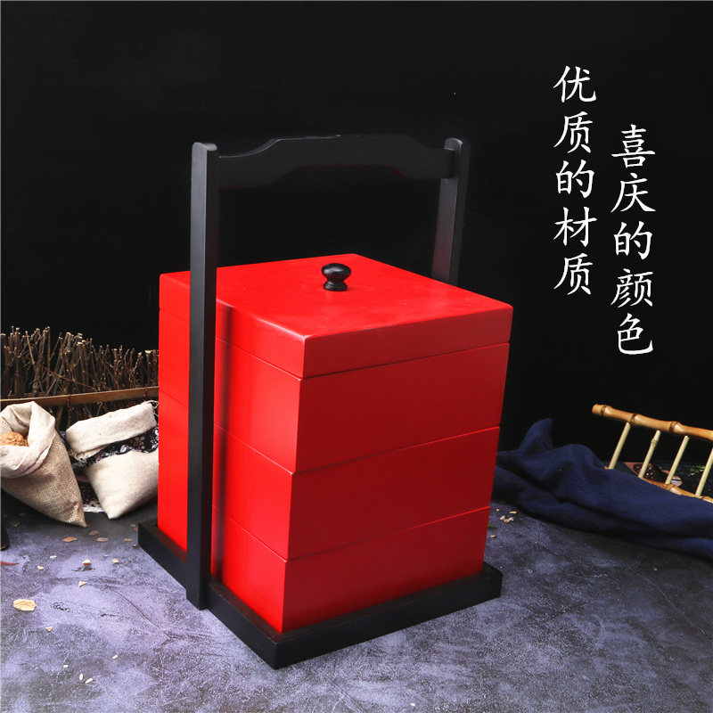 日式木质三层便当盒长方形手提木盒红色手提盒创意月饼盒料理木盒