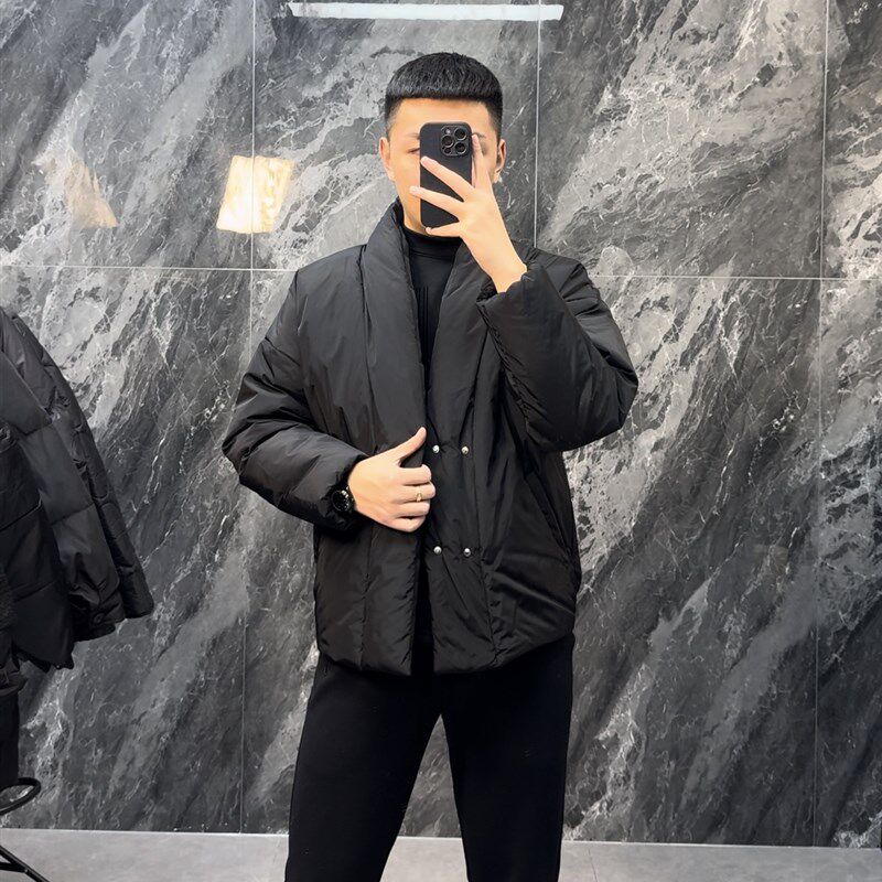 V领极简黑色秋冬季男装和服式交叉襟道袍棉服简约开衫棉衣外套潮