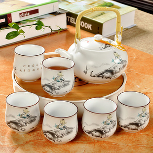 陶瓷大容量整套茶具茶杯凉水壶功夫茶具 亚光茶具提梁壶茶具套装