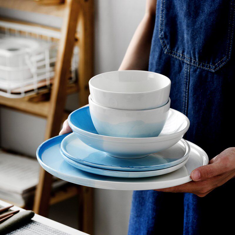 北欧风格釉下彩简约陶瓷碗碟套装家用4人份餐具套装碗盘碗筷套装