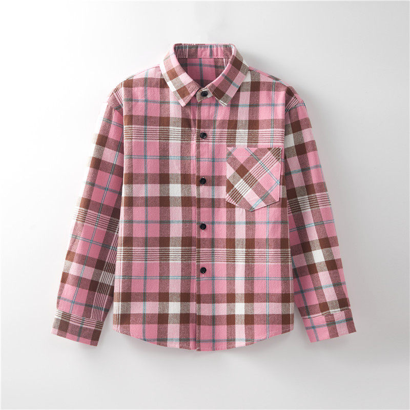 女童衬衫春秋款中大童女孩格子长袖上衣纯棉磨毛时尚外套2023新款
