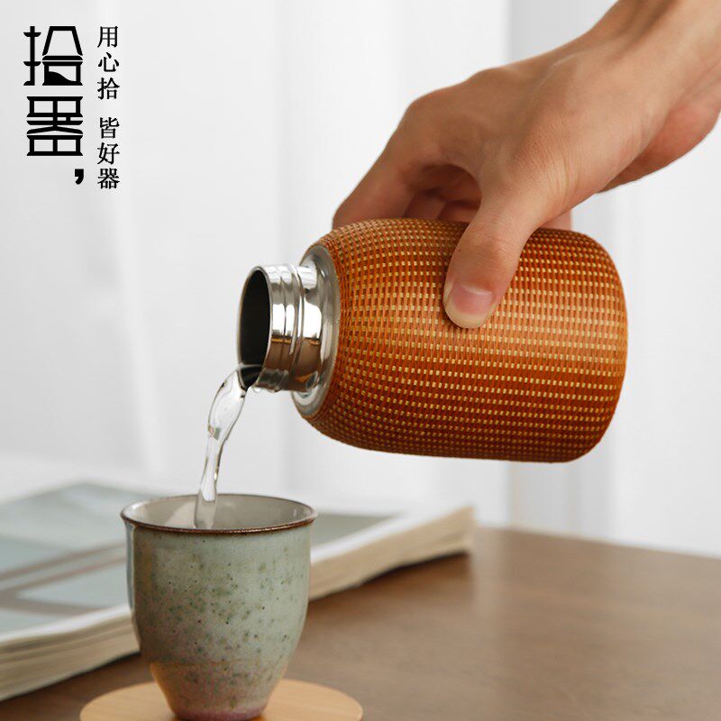 拾器竹编保温杯户外便携水杯高档304不锈钢水壶小号茶杯旅行杯子