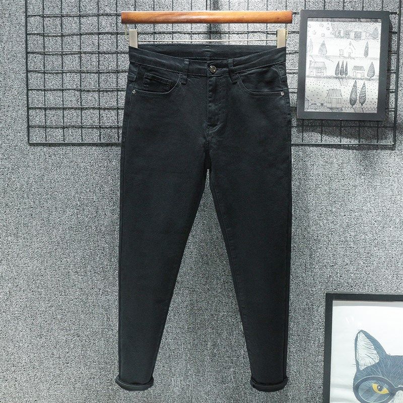 加绒加厚纯黑九分黑色牛仔裤男士高端修身小脚秋冬季弹力裤子新款