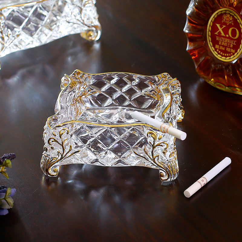 创意轻奢描金水晶玻璃烟灰缸家用客厅办公室大号高端四方个性烟缸