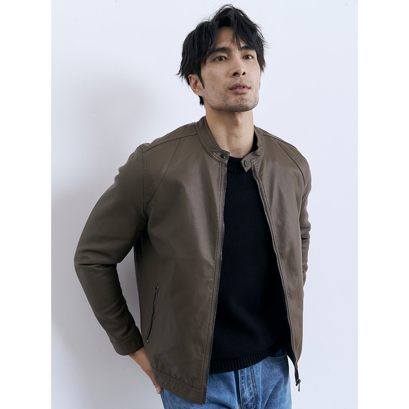 秋冬高端外套 休闲立领夹克男士百搭修身高级感卡其色复古皮衣