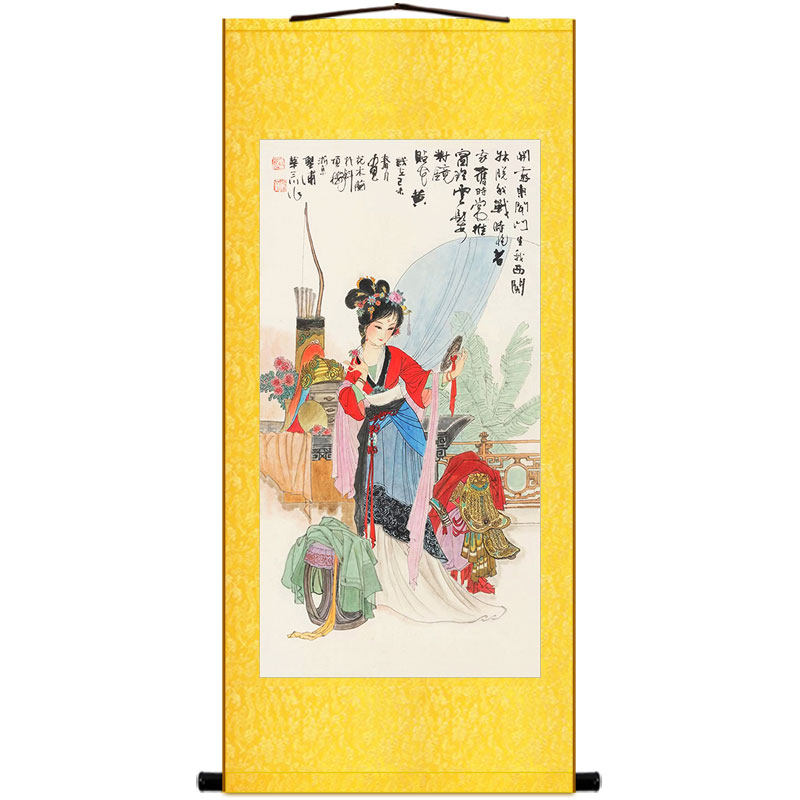 花木兰替父从军图 梁红玉擂鼓图 巾帼英雄人物画像卷轴挂画装饰画