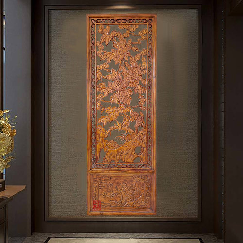 东阳木雕松木镂空雕刻隔断屏风过道玄关背景墙牡丹锦鸡带底座定制
