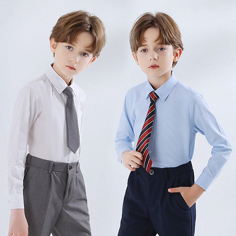 男童白衬衫儿童白衬衫中小童校服表演演出服春秋长袖女童白色衬衣